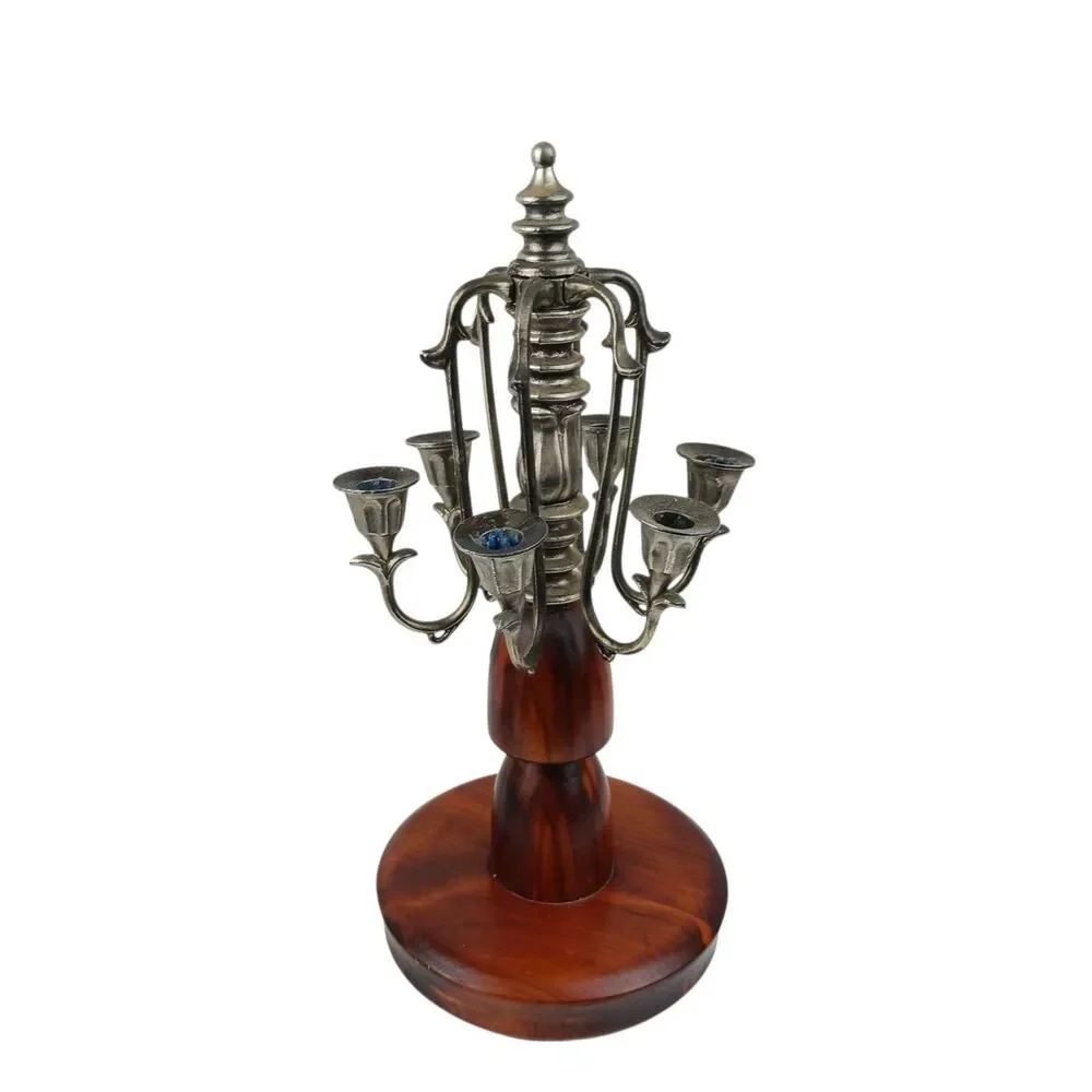 Vtg 6 Arm Wood and Silver Plated Table Candelabra Danish Modern MCM